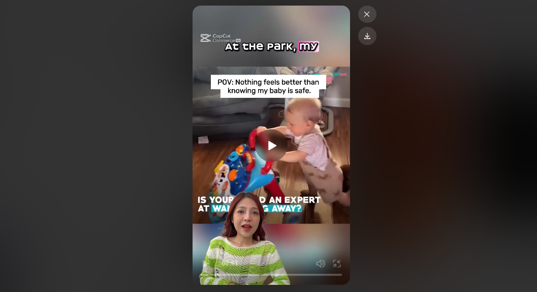 CapCut video featuring a parent discussing baby safety, ideal for UGC creators exploring TikTok monetization strategies.